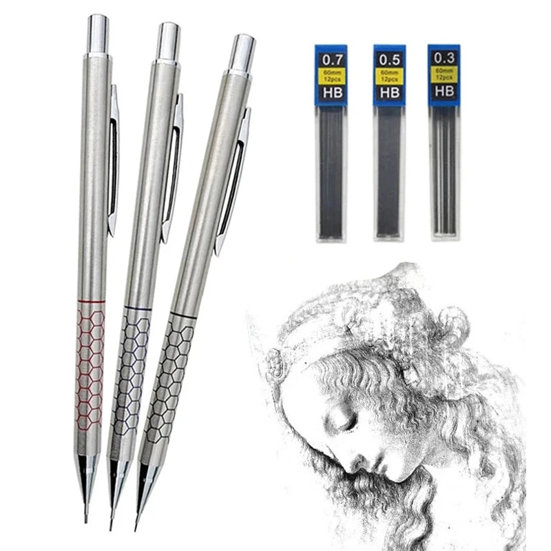 0.5 0.7 0.9mm Metal Mechanical Pencil with Eraser Set 2B/HB