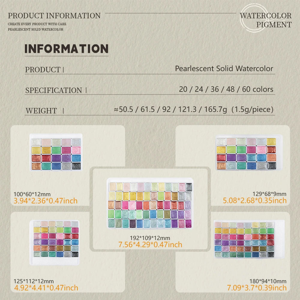 Pearlescent Solid Watercolour Set 20 24 36 48 60 Colours